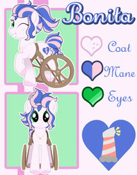 Size: 1024x1300 | Tagged: safe, artist:lostinthetrees, oc, oc only, oc:bonita, earth pony, pony, babscon mascots, female, mare, one eye closed, reference sheet, solo, wheelchair, wink
