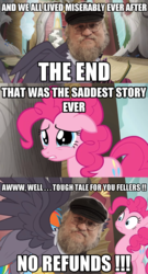 Size: 900x1671 | Tagged: safe, edit, edited screencap, screencap, grampa gruff, pinkie pie, rainbow dash, earth pony, griffon, pony, g4, the lost treasure of griffonstone, a song of ice and fire, comic, crying, female, game of thrones, george r.r. martin, griffonstone, image macro, male, mare, meme, sad, screencap comic, spread wings, teary eyes, the end, wings