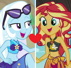 Size: 1204x1148 | Tagged: safe, edit, edited screencap, screencap, sunset shimmer, trixie, equestria girls, equestria girls series, forgotten friendship, g4, clothes, female, lesbian, sarong, ship:suntrix, shipping, shipping domino, sunglasses, sunglasses on head, swimsuit