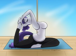 Size: 1280x946 | Tagged: safe, artist:xwingedvixenx, rarity, anthro, unguligrade anthro, g4, alternate hairstyle, big breasts, breasts, busty rarity, clothes, eyelashes, eyes closed, female, flexible, leggings, outfit, pants, pose, relaxing, shirt, solo, tight clothing, workout, yoga, yoga pants
