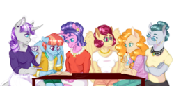 Size: 3700x1838 | Tagged: safe, artist:gigason, cloudy quartz, cookie crumbles, pear butter, posey shy, twilight velvet, windy whistles, earth pony, pegasus, unicorn, anthro, g4, book, clothes, female, mare, mom six, pants, reading, shirt, simple background, transparent background