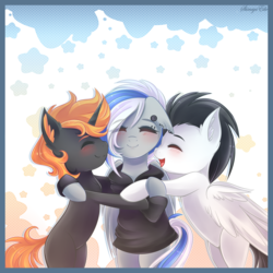 Size: 2076x2076 | Tagged: safe, artist:shimayaeiko, oc, oc:night mind, oc:pipe dream, oc:snowy skies, pegasus, pony, unicorn, brother and sister, clothes, commission, ear piercing, earring, female, group hug, high res, hoodie, hug, jewelry, male, piercing, siblings, smiling