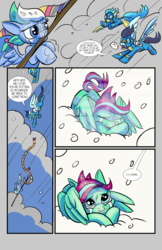 Size: 6600x10200 | Tagged: safe, artist:lytlethelemur, soarin', oc, oc:gimbal lock, oc:rally point, pegasus, pony, comic:fly with me, littlepartycomics, g4, absurd resolution, adventure, clothes, comic, crying, cute, scarf, snow, tree branch, wildabeard