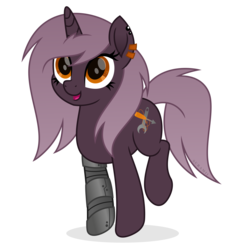 Size: 5610x6000 | Tagged: safe, artist:suramii, oc, oc only, oc:metallic sounds, pony, absurd resolution, amputee, art trade, ear piercing, female, piercing, prosthetic limb, prosthetics, simple background, smiling, solo, transparent background