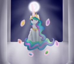 Size: 2300x2000 | Tagged: safe, artist:keisaa, princess celestia, alicorn, pony, g4, crown, crying, elements of harmony, female, high res, jewelry, mare, moon, necklace, regalia, sad, solo