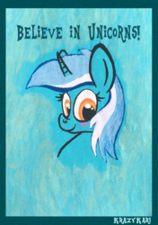 Size: 902x1280 | Tagged: safe, artist:krazykari, lyra heartstrings, pony, unicorn, g4, bronybait, bust, female, looking at you, portrait, poster, smiling, solo, traditional art