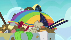 Size: 1280x720 | Tagged: safe, screencap, g4, secrets and pies, apple core, blueberry, food, no pony, pie, rainbow blueberry pie, trash, trash can