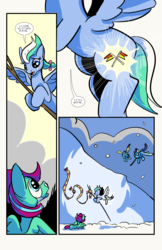 Size: 6600x10200 | Tagged: safe, artist:lytlethelemur, soarin', oc, oc:gimbal lock, oc:rally point, pegasus, pony, comic:fly with me, littlepartycomics, g4, absurd resolution, adventure, clothes, comic, cute, scarf, snow, tree branch, wildabeard