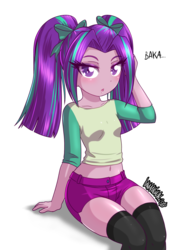 Size: 1600x2133 | Tagged: safe, artist:danmakuman, aria blaze, human, equestria girls, g4, baka, belly button, blushing, clothes, cute, female, looking at you, midriff, pants, shorts, simple background, socks, solo, speech bubble, talking, thigh highs, thigh socks, transparent background, tsundaria, tsundere, younger