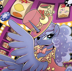 Size: 679x669 | Tagged: safe, artist:brendahickey, idw, princess luna, alicorn, pony, g4, spoiler:comic, bowtie, clothes, female, hat, looking at you, mare, poker chips, solo, top hat