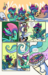 Size: 6600x10200 | Tagged: safe, artist:lytlethelemur, princess celestia, oc, oc:gimbal lock, pegasus, pony, comic:fly with me, littlepartycomics, g4, absurd resolution, adventure, binge eating, cake, comfort eating, comic, cookie, cupcake, eating, food, messy eating, pastry, stuffing, wildabeast