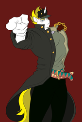Size: 1984x2932 | Tagged: safe, artist:marauder6272, artist:pacificside18, oc, oc only, oc:white heart, anthro, anime, belt, belts, chains, clothes, coat, costume, jojo's bizarre adventure, jotaro kujo, looking at you, not bulk biceps, pants, pointing, pointing at you, red background, simple background