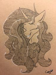 Size: 2448x3264 | Tagged: safe, alternate version, artist:greyscaleart, part of a set, princess celestia, alicorn, pony, g4, bust, eyes closed, female, freckles, grayscale, high res, mare, monochrome, signature, smiling, solo, traditional art