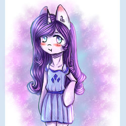 Size: 2000x2000 | Tagged: safe, artist:zefirka, rarity, unicorn, semi-anthro, g4, bipedal, blushing, clothes, cutie mark on clothes, dress, female, high res, looking at you, mare, solo