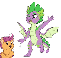 Size: 3223x3093 | Tagged: safe, artist:schokocream, scootaloo, spike, dragon, pegasus, pony, g4, molt down, armpits, chest fluff, female, filly, high res, scootaloo can't fly, simple background, white background, winged spike, wings