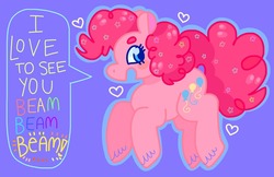 Size: 1280x830 | Tagged: safe, artist:swineburst, pinkie pie, earth pony, pony, g4, heart, pronking, smile song, text