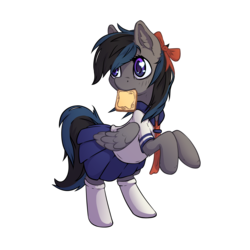 Size: 3000x3000 | Tagged: safe, artist:senaelik, oc, oc only, pegasus, pony, bipedal, bow, bread, clothes, female, food, heart, heart eyes, high res, mare, mouth hold, request, school uniform, schoolgirl toast, simple background, socks, solo, toast, transparent background, wingding eyes