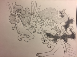 Size: 1280x960 | Tagged: safe, artist:greyscaleart, princess celestia, princess luna, alicorn, pony, g4, duo, eyes closed, female, flying, freckles, grayscale, happy, mare, monochrome, open mouth, royal sisters, traditional art