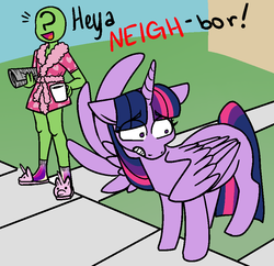 Size: 886x856 | Tagged: safe, artist:/d/non, twilight sparkle, oc, oc:anon, alicorn, human, pony, g4, :d, awkward, bad pun, bathrobe, clothes, coffee mug, covering, description is relevant, dialogue, duo, embarrassed, female, frown, gritted teeth, looking away, male, mare, mug, neigh, newspaper, open mouth, pun, robe, slippers, smiling, spread wings, stupid sexy anon, twilight sparkle (alicorn), wide eyes, wing hands, wings