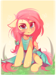 Size: 1687x2227 | Tagged: safe, artist:lispp, fluttershy, pegasus, pony, g4, blushing, clothes, cute, dress, female, floppy ears, folded wings, looking at you, mare, shyabetes, sitting, solo, summer, turned head