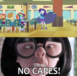 Size: 829x814 | Tagged: safe, edit, edited screencap, screencap, rarity, best trends forever, best trends forever: twilight sparkle, equestria girls, g4, my little pony equestria girls: better together, cape, clothes, edna mode, meme, no capes, the incredibles