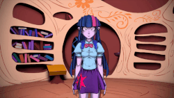 Size: 800x450 | Tagged: safe, artist:pedantczepialski, twilight sparkle, equestria girls, g4, alternate universe, animated, equestria girls: the parody series, female, gif, golden oaks library, looking at you, solo, thousand yard stare