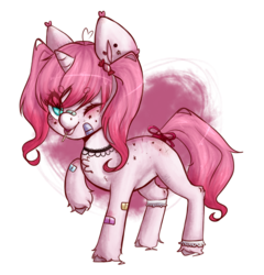 Size: 1100x1144 | Tagged: safe, artist:lastaimin, oc, oc only, oc:pink candy, pony, unicorn, bandaid, candy, female, filly, food, lollipop, one eye closed, simple background, solo, transparent background, wink