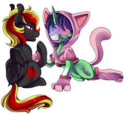 Size: 2927x2706 | Tagged: safe, artist:breloomsgarden, oc, oc only, oc:crescent star, oc:lava berry, crystal pony, crystal unicorn, pegasus, pony, unicorn, blushing, clothes, dressup, female, grin, high res, hoodie, hypnogear, hypnosis, hypnotized, male, mare, neko, paws, simple background, sissy, sitting, smiling, stallion, transparent background