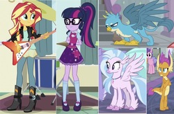 Size: 1674x1099 | Tagged: safe, editor:php77, gallus, sci-twi, silverstream, smolder, sunset shimmer, twilight sparkle, classical hippogriff, griffon, hippogriff, equestria girls, g4
