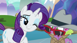 Size: 1280x720 | Tagged: safe, screencap, rarity, spike, dragon, pony, unicorn, g4, molt down, callback, duo, female, hat, male, mare, one eye closed, overcoat, she knows, stone scales, sunglasses, water, wink
