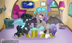 Size: 1876x1132 | Tagged: safe, artist:raspberrystudios, oc, oc only, oc:axel, bat pony, changeling, bored, changeling oc, cigarette, clock, coffee, coffee mug, commission, couch, exhausted, lamp, mug, shading, smoking, tired