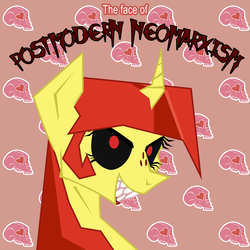Size: 5000x5000 | Tagged: safe, artist:aaronmk, oc, oc:lefty pony, pony, unicorn, abstract background, absurd resolution, black sclera, curved horn, eyelashes, female, freckles, glare, grin, heart, horn, mare, marxism, postmodern neomarxism, sharp teeth, simple background, skull, smiling, smirk, teeth, vector