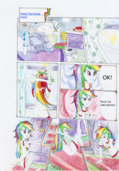 Size: 2455x3507 | Tagged: safe, artist:agnesika, rainbow dash, equestria girls, g4, bed, bedroom, comic, curtains, dialogue, female, high res, medal, polish, solo, translated in the comments, window, workout