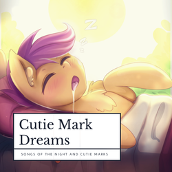 Size: 1400x1400 | Tagged: safe, alternate version, artist:igazella, editor:henbasket, scootaloo, pony, g4, album cover, better version, drool, female, sleeping, solo, zzz