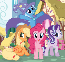 Size: 987x935 | Tagged: safe, applejack, pinkie pie, starlight glimmer, trixie, g4, official, applejack's hat, cape, clothes, cowboy hat, hat, looking at you, stock vector, trixie's cape, trixie's hat, we are unicorns