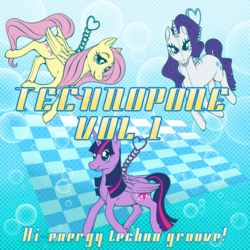 Size: 2000x2000 | Tagged: safe, artist:foolgirl, fluttershy, rarity, twilight sparkle, alicorn, pony, g4, abstract background, album cover, female, high res, keychain, text, toy, twilight sparkle (alicorn)