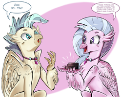 Size: 3000x2400 | Tagged: safe, artist:brother-lionheart, silverstream, terramar, classical hippogriff, hippogriff, g4, school daze, surf and/or turf, brother and sister, cute, dialogue, diastreamies, duo, engrish, female, high res, male, speech bubble, stairs, that hippogriff sure does love stairs
