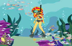 Size: 1876x1208 | Tagged: safe, artist:php43, edit, sunset shimmer, fish, equestria girls, equestria girls series, g4, belly button, bikini, blowing bubbles, bubble, clothes, dive mask, female, flippers (gear), goggles, ms paint, ocean, reef, show accurate, snorkel, snorkeling, solo, swimsuit, underwater