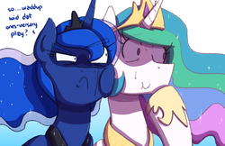 Size: 5100x3300 | Tagged: safe, artist:zanefir-dran, princess celestia, princess luna, alicorn, pony, g4, horse play, dialogue, eyebrows, eyebrows visible through hair, female, luna is not amused, mare, royal sisters, simple background, sisters, sweat, unamused, white background
