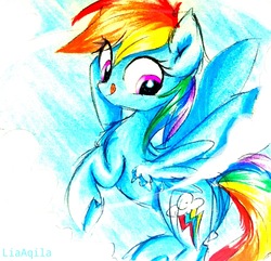 Size: 2321x2240 | Tagged: safe, artist:liaaqila, rainbow dash, pegasus, pony, g4, female, flying, high res, looking back, mare, solo, tongue out, traditional art