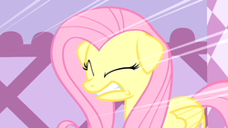 Size: 1024x576 | Tagged: safe, screencap, fluttershy, pegasus, pony, g4, stare master, cringing, cute, eyes closed, female, floppy ears, implied cutie mark crusaders, mare, shyabetes, solo