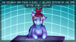 Size: 1920x1080 | Tagged: safe, artist:luv4horsez, oc, oc:miss final verse, semi-anthro, amber eyes, clothes, computer, computer mouse, confused, creepy, desk, digital, fourth wall, game, grid, keyboard, oneshot, ponytail, scarf, shocked, text