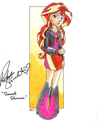 Size: 1699x2200 | Tagged: safe, artist:tony fleecs, sunset shimmer, equestria girls, g4, abstract background, autograph, clothes, colored sketch, female, rebecca shoichet, solo