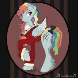 Size: 4724x4724 | Tagged: safe, artist:xxsilvixx, rainbow dash, pegasus, pony, the count of monte rainbow, g4, abstract background, absurd resolution, alternate hairstyle, alternate universe, bow, clothes, crossover, edmond dantes, looking back, male, musical, rainbow dantes, raised hoof, scar, signature, solo, stallion, tail bow, the count of monte cristo