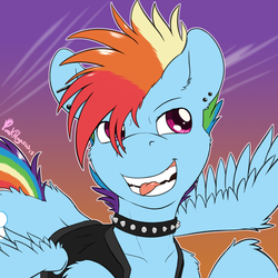 Size: 2000x2000 | Tagged: safe, artist:punk-pegasus, rainbow dash, pony, g4, alternate hairstyle, choker, clothes, collar, female, high res, mohawk, piercing, punk, smiling, solo, spiked choker, spiked collar, sternocleidomastoid