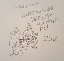 Size: 2660x2522 | Tagged: safe, artist:pony_brony_art, marble pie, pinkie pie, pony, g4, birthday, duo, hat, high res, lineart, monochrome, paper, party hat, pencil, pencil drawing, traditional art