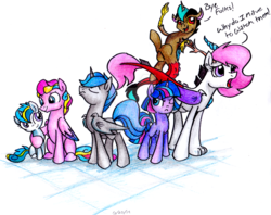 Size: 1024x812 | Tagged: safe, artist:pitterpaint, oc, oc only, oc:alma valiente, oc:canción del corazon, oc:harmonystar, oc:mirage, oc:orion, oc:ruse, alicorn, bat pony, bat pony alicorn, draconequus, hybrid, pegasus, pony, unicorn, alicorn oc, colt, draconequus oc, female, filly, interspecies offspring, male, next generation, offscreen character, offspring, parent:discord, parent:flash sentry, parent:night guard, parent:princess cadance, parent:princess celestia, parent:princess luna, parent:shining armor, parent:twilight sparkle, parents:dislestia, parents:flashlight, parents:guardluna, parents:shiningcadance, simple background, white background