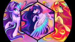 Size: 1920x1080 | Tagged: safe, artist:wilvarin-liadon, edit, starlight glimmer, sunset shimmer, twilight sparkle, alicorn, pony, unicorn, g4, circle, color porn, colored wings, crown, eyestrain warning, female, flying, glowing horn, hexagon, horn, impossibly large hair, impossibly large tail, jewelry, jumping, long hair, long mane, long tail, mare, multicolored wings, rainbow power, regalia, remake, smiling, sts trinity, twilight sparkle (alicorn), wallpaper
