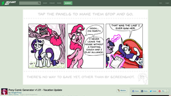 Size: 1366x768 | Tagged: safe, artist:gingerfoxy, pinkie pie, rarity, twilight sparkle, earth pony, pony, unicorn, pony comic generator, g4, cheshire cat, cheshire cat grin, comic, couch, fainting couch, glowing, glowing horn, horn, magic, paper, pencil, telekinesis, tree