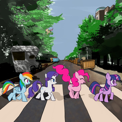 Size: 1000x1000 | Tagged: safe, artist:bojack_mlplove, applejack, fluttershy, pinkie pie, rainbow dash, rarity, twilight sparkle, alicorn, earth pony, pegasus, pony, unicorn, g4, abbey road, crosswalk, female, mane six, mare, parody, street, the beatles, twilight sparkle (alicorn)